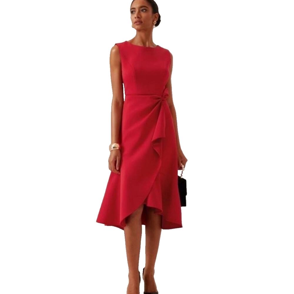 Fehaute Dress Size 8 Red Midi A-line Waist Twist Day To Night Ruffled Asymmetric - Picture 2 of 12